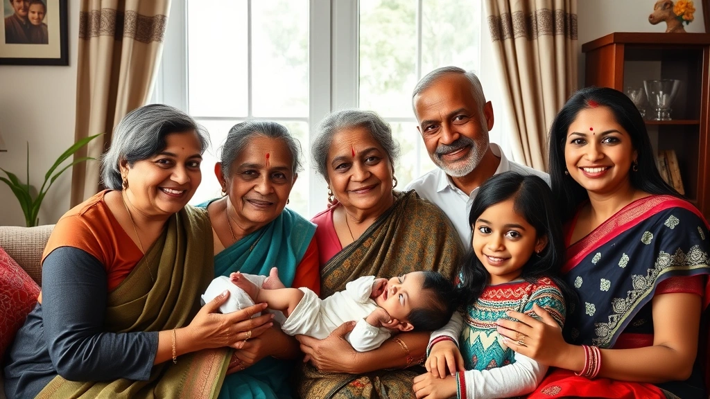 Multi-generational Indian family group portrait with newborn, grandparents, parents, and siblings together in home setting, natural window light, authentic joyful expressions