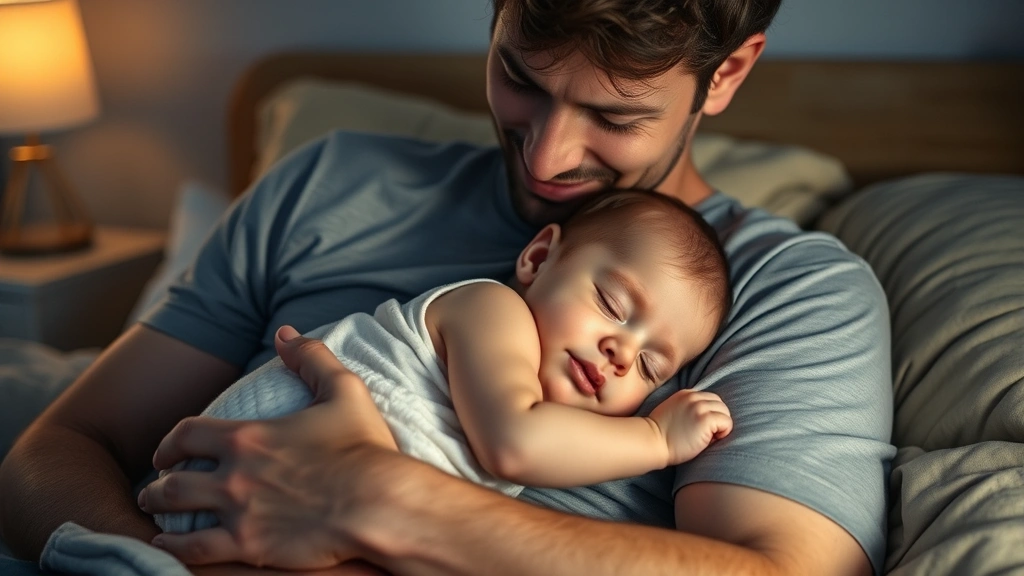 Exhausted parent holding sleeping infant close to chest at night, soft warm lighting, peaceful expression, bedroom setting with gentle nightlight
