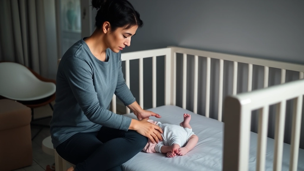 Parent sitting beside baby's crib during sleep training, calm supportive posture, dim room with soft glow, showing responsive parenting approach