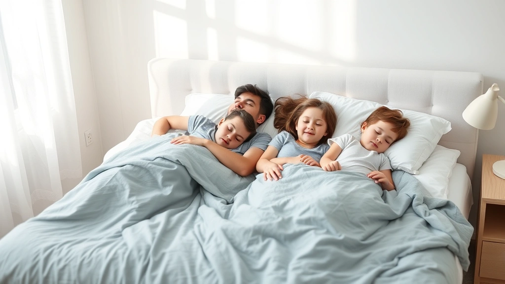 Family sleeping peacefully together in bedroom, multiple ages comfortable together, natural morning light, showing safe co-sleeping arrangement with firm surface