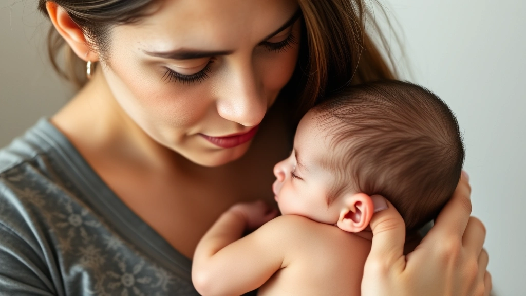 Calm, attentive mother holding newborn close to chest, infant's face peaceful against parent's shoulder, soft natural lighting, gentle hand on baby's back, intimate bonding moment