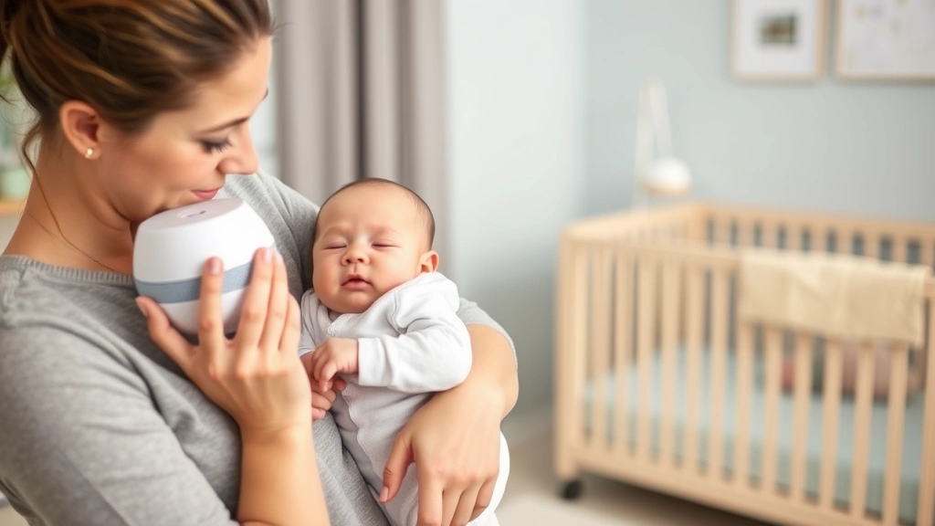 Parent using white noise machine while holding fussy baby, modern nursery with calming colors, parent demonstrating gentle swaying motion, baby appearing to settle, supportive caregiving environment