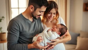 Italian family with newborn baby, warm lighting, parents holding infant, cozy home setting, natural window light, tender moment, Mediterranean aesthetic, soft colors