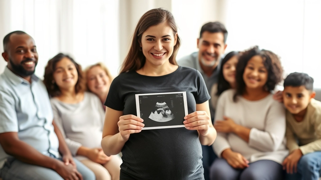 Pregnant woman holding ultrasound photo, smiling, surrounded by family members, joy and anticipation, indoor setting, diverse family group, emotional connection