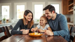 Two parents smiling warmly while their young daughter sits between them at a wooden kitchen table, sharing snacks and laughing together, natural sunlight streaming through windows, representing cooperative co-parenting and family bonding across households