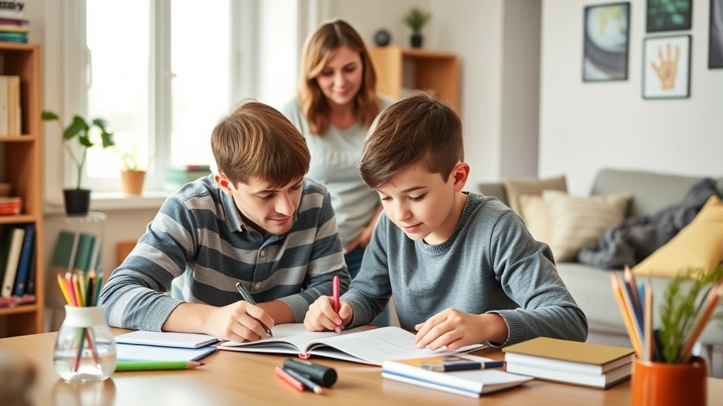 Father helping school-age son with homework at a desk while mother watches supportively in background, both parents engaged and present, warm home environment, showcasing shared parenting responsibility and consistent involvement in children's education