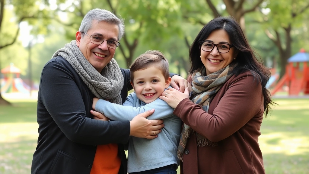 Young child hugging both parents simultaneously in a park setting, all three smiling genuinely, trees and playground visible, representing secure attachment and healthy co-parenting relationships where children feel equally loved and supported by both parents