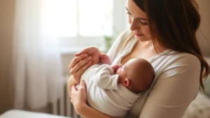 Young mother holding newborn baby close to chest, soft natural lighting through window, tender moment between parent and infant, warm family setting