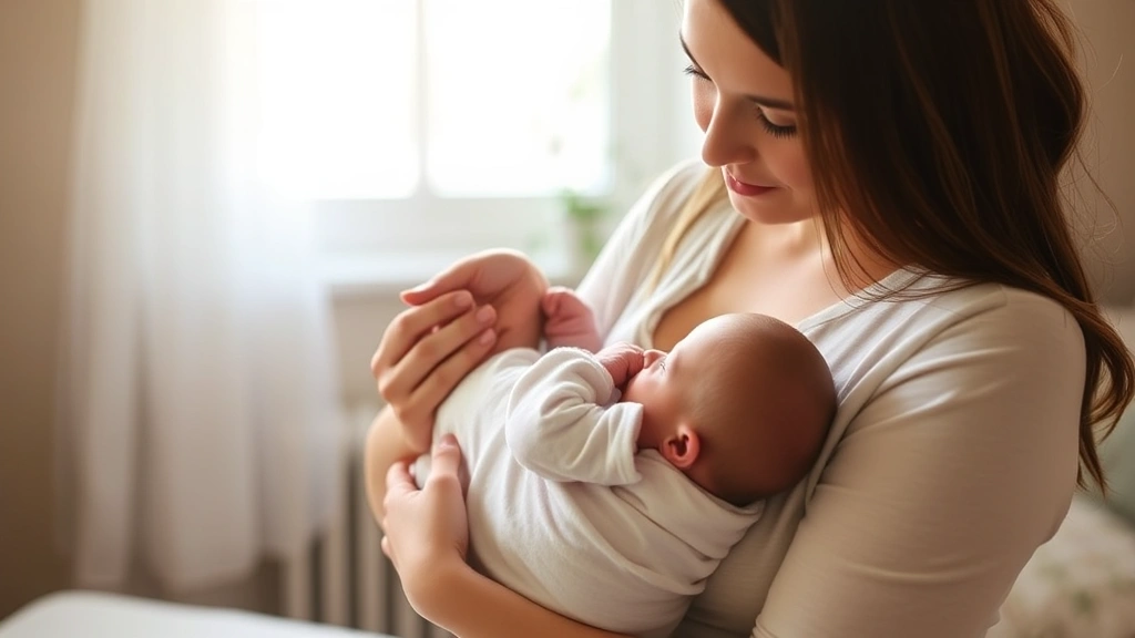 Young mother holding newborn baby close to chest, soft natural lighting through window, tender moment between parent and infant, warm family setting