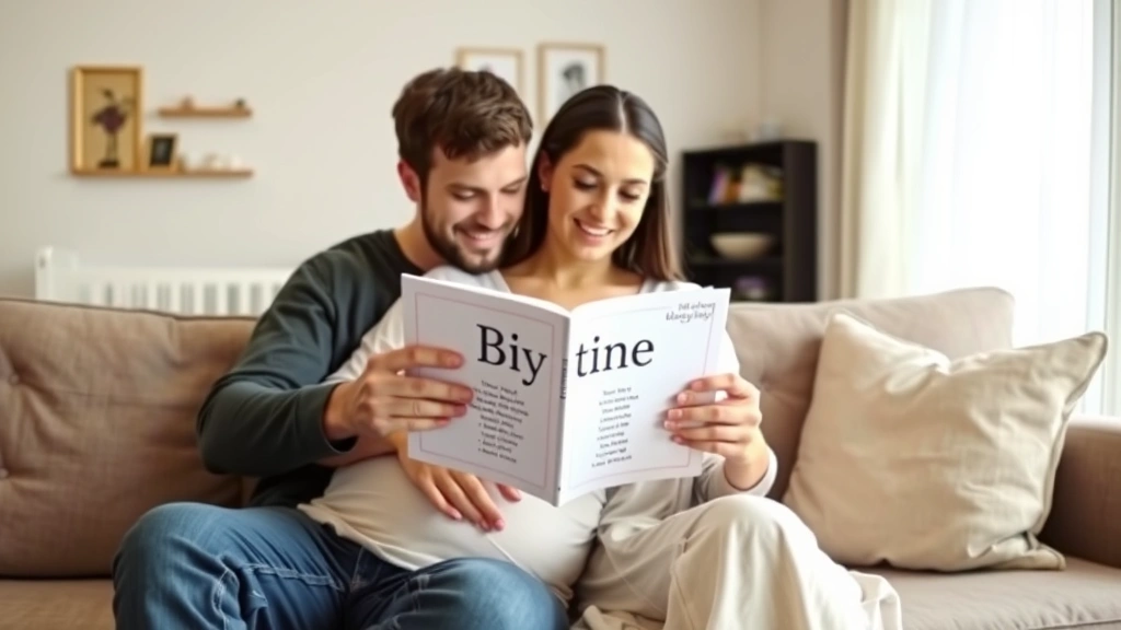 Expectant parents looking at baby name book together on comfortable couch, discussing options, peaceful home environment, modern nursery visible in background