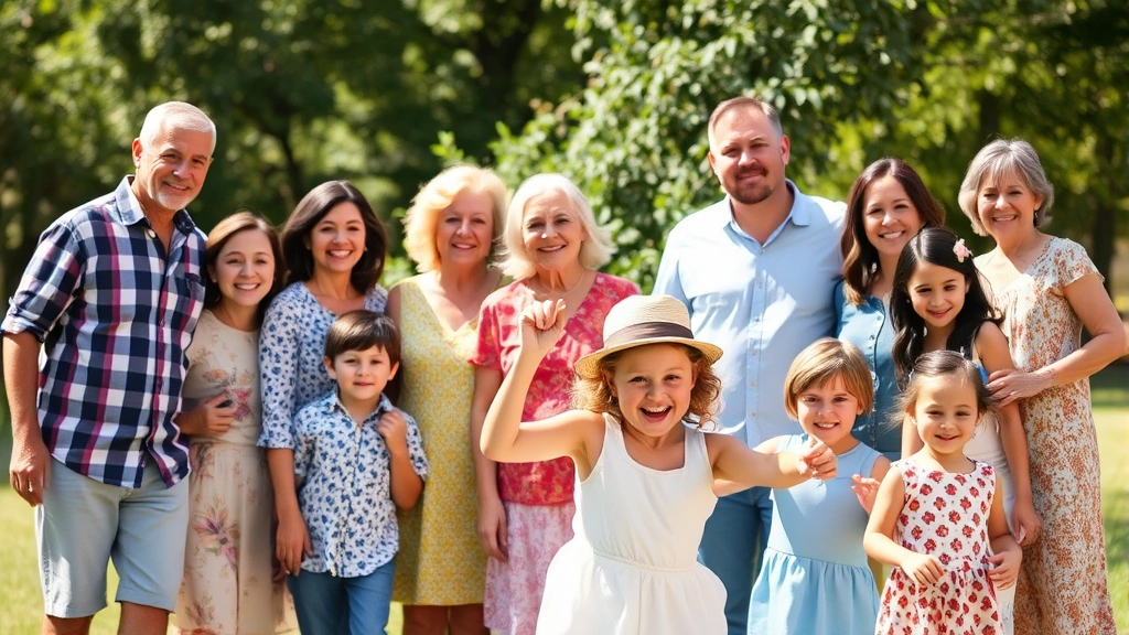 Large extended family gathering outdoors, multiple generations smiling together, children playing, sunny day, representing family heritage and traditions