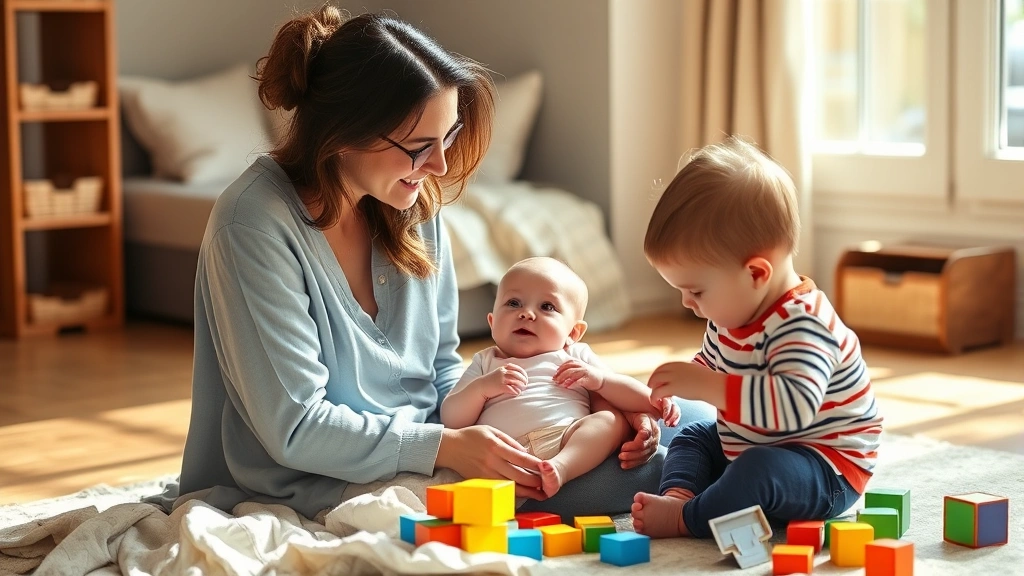 A mother sitting on the floor with a 6-month-old baby in her lap, watching as an older toddler plays with colorful blocks nearby, natural sunlight streaming through a window, warm family moment