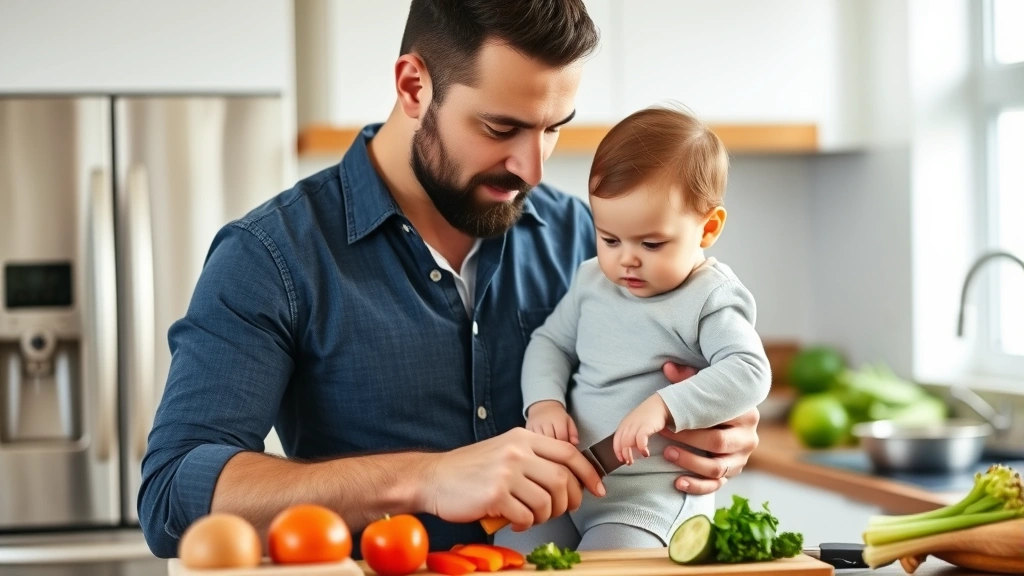 A father holding his infant while cooking in the kitchen, baby watching intently as vegetables are chopped on a cutting board, realistic kitchen setting with stainless steel appliances