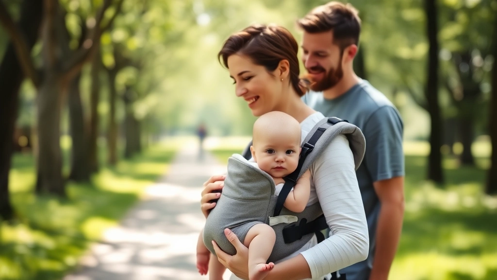 A baby in a carrier on parent's chest during an outdoor walk through a park, baby gazing at trees and natural surroundings, parents smiling, peaceful nature scene with dappled sunlight