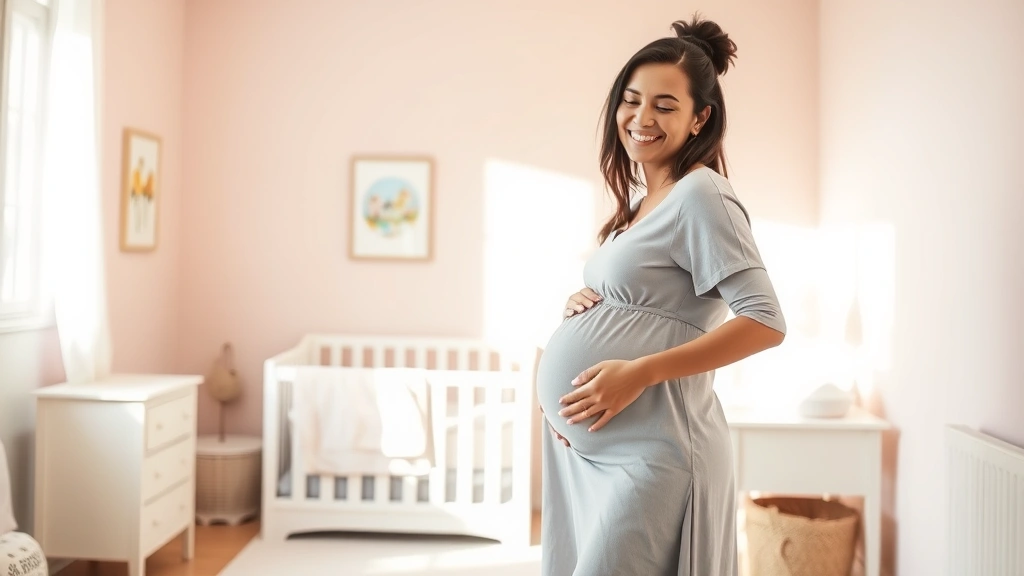 Pregnant woman in comfortable maternity dress standing in bright nursery with soft pastel walls, smiling peacefully while touching her belly, sunlight streaming through window