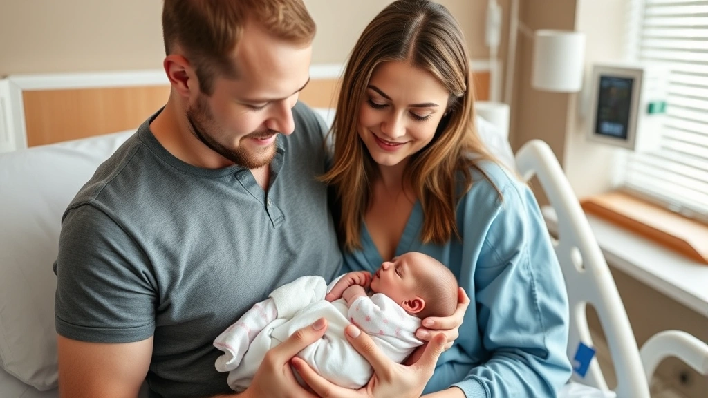 New parents holding newborn baby in hospital room, both looking down at infant with wonder and joy, tender family moment capturing the arrival of new life