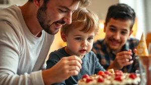 Close-up of parent supervising young child eating cake at family celebration, hands visible, warm kitchen lighting, focused expression