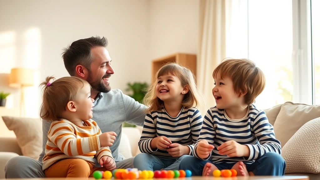 Warm family scene: father and young children laughing together during playtime in bright living room, genuine bonding moment, photorealistic natural lighting