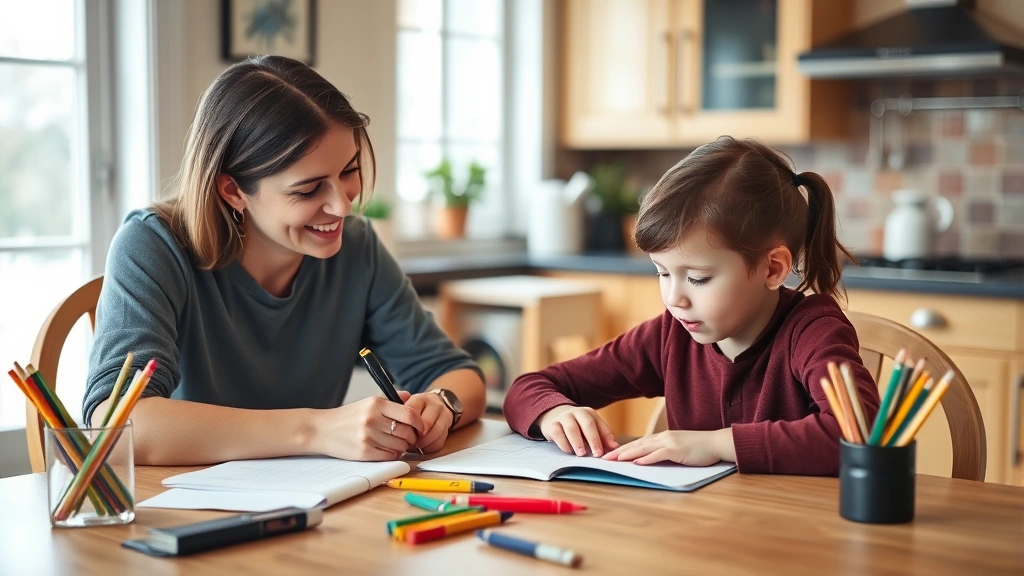 Parent helping elementary-age child with homework at kitchen table, supportive teaching interaction, educational engagement, warm home environment
