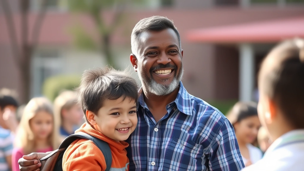 Father attending child's school event or activity, proud parent moment, showing emotional presence and involvement in child's life, natural setting