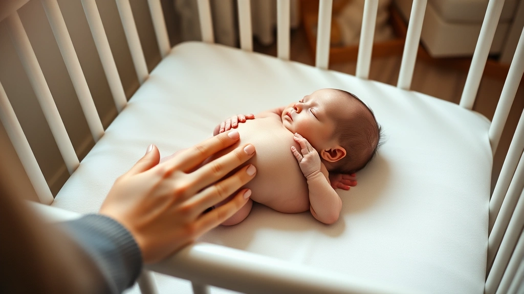 Peaceful newborn baby sleeping on back in white crib with soft lighting, parent's hand gently touching baby's chest, calm bedroom atmosphere