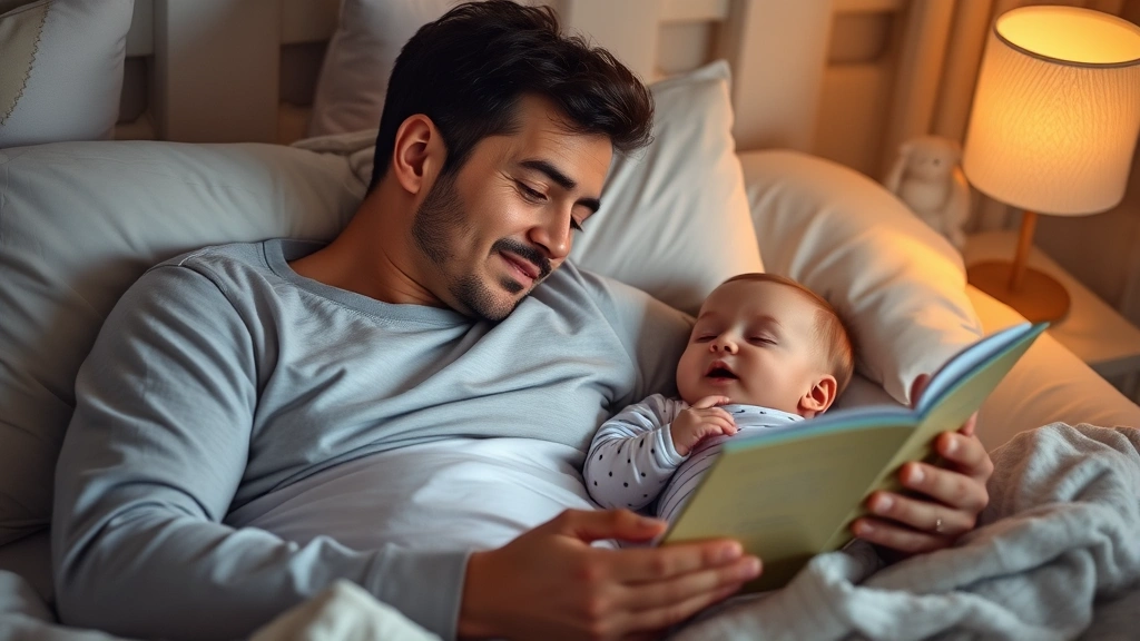 Parent and infant during calming bedtime routine, soft warm lighting, parent reading book or singing gently while baby relaxes in comfortable clothing