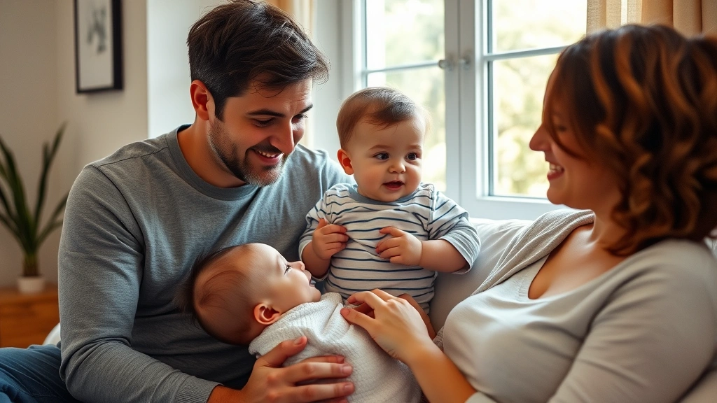 Diverse family with baby during daytime, natural sunlight through window, parent engaging with alert awake baby during optimal wake window, happy interaction