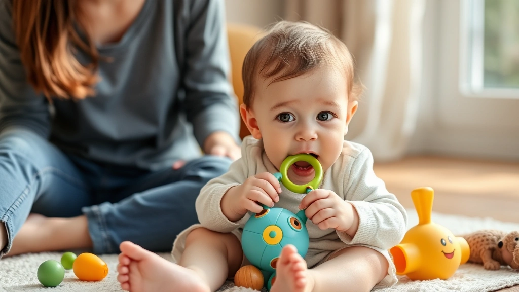 Toddler playing with appropriate teething toy and chew objects, sitting safely with parent nearby supervising, natural daylight