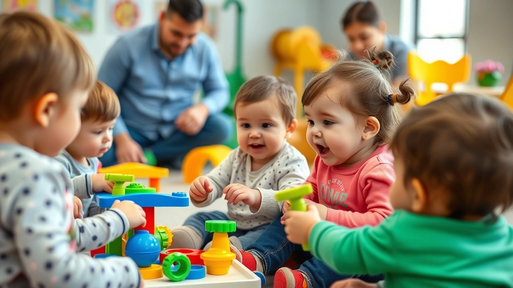 Group of toddlers playing together with toys, one child showing excitement, parents supervising interaction, playground or playroom environment