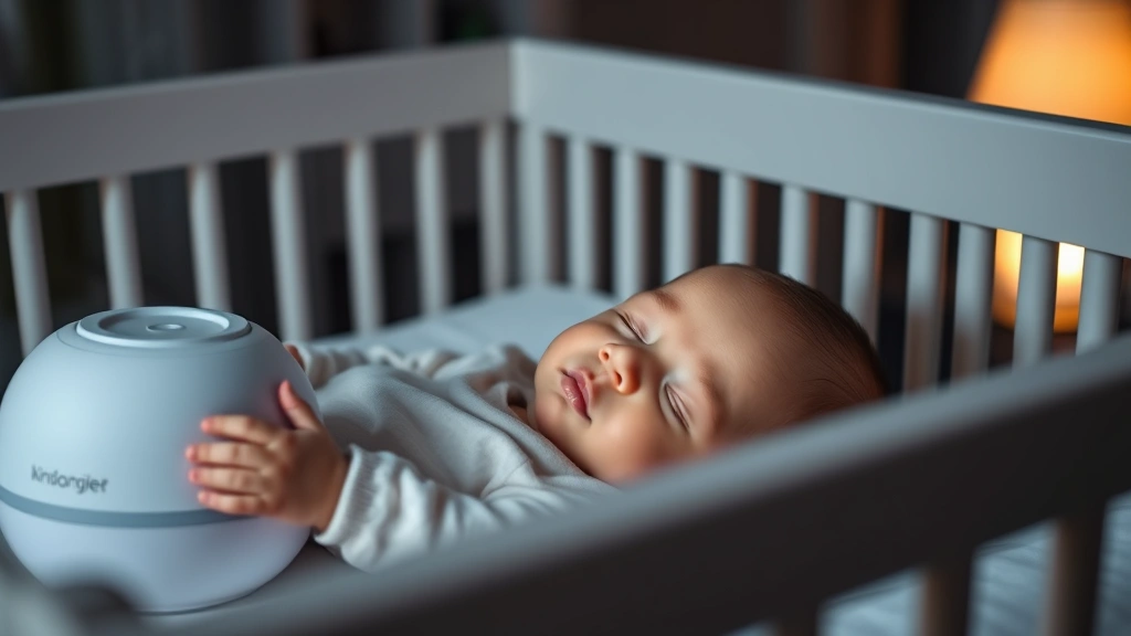 Baby sleeping peacefully in crib with white noise machine, dark bedroom with soft nightlight, cozy sleep environment, close-up of content sleeping infant