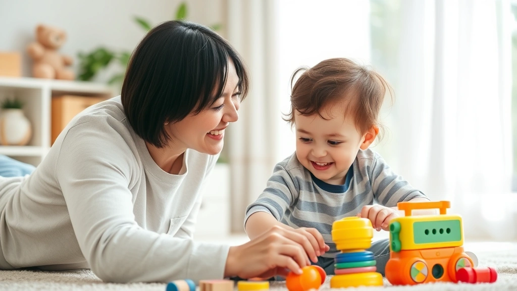 Parent and toddler playing together during daytime, bright natural light, interactive play with toys, joyful connection, healthy parent-child bonding moment
