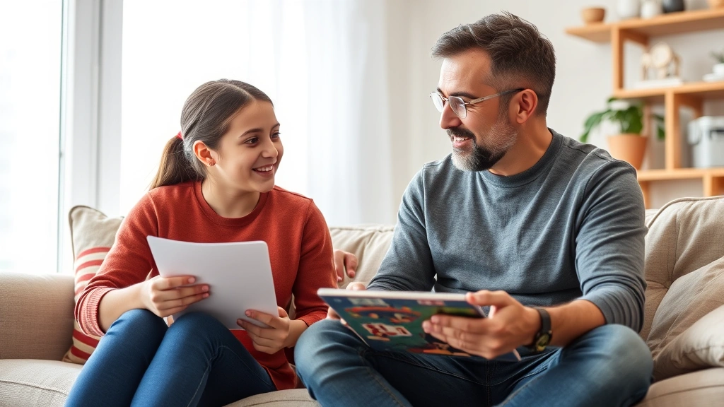 Parent and preteen having conversation about interests, sitting together naturally, parent listening attentively, diverse family representation, comfortable home environment