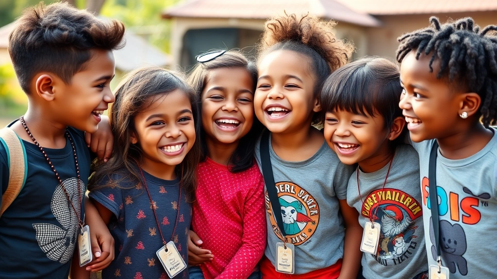 Group of diverse children laughing together wearing trending merchandise, outdoor setting, authentic friendship moment, happy peer interaction, natural daylight