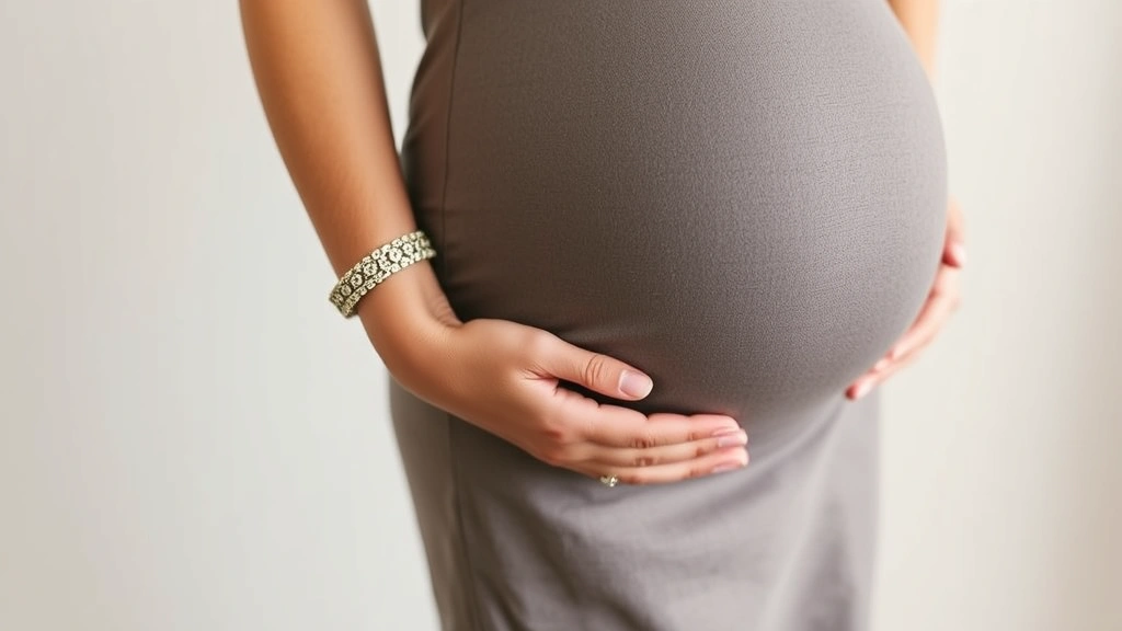 Close-up of maternity fashion details showing comfortable fabric textures, delicate jewelry, and supportive shoes on expectant mother wearing sophisticated maternity dress