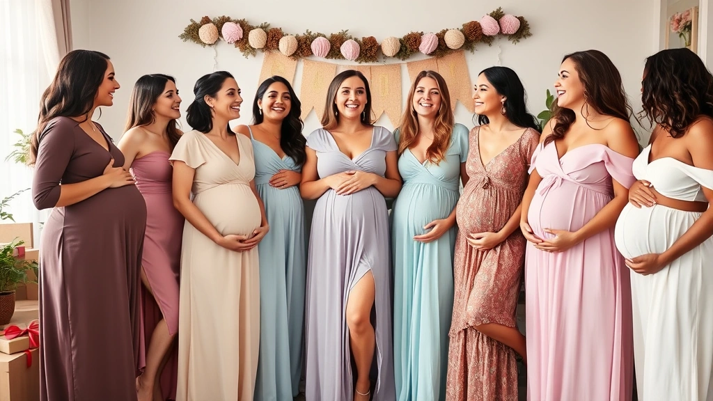 Group of pregnant women in various maternity baby shower dresses in different colors and styles, laughing together indoors, celebrating with gifts and decorations in background