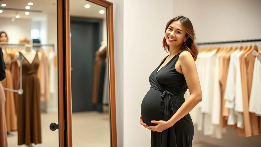 Pregnant woman trying on wrap maternity dress in boutique fitting room, looking in mirror with satisfied smile, soft lighting, showing dress fit and silhouette, modern store interior