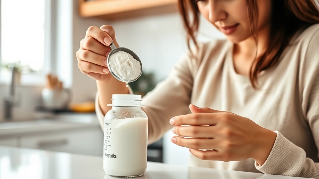 Close-up of mother carefully preparing baby formula in clean kitchen, measuring powder with scoop over bottle, warm lighting, focused expression, modern kitchen background