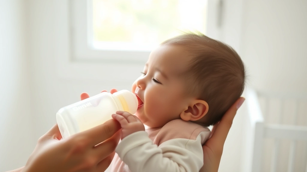 Happy baby drinking from bottle held by parent's hands, natural window light, peaceful moment, clean nursery setting, infant contentment visible