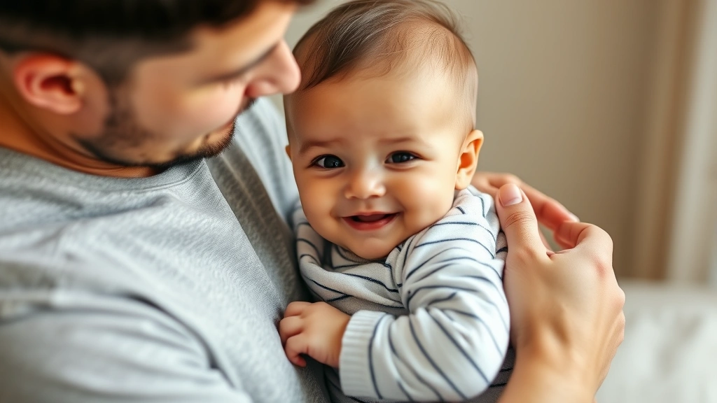 Parent and infant bonding moment, parent holding smiling baby close, warm natural lighting, intimate family connection, soft focus background