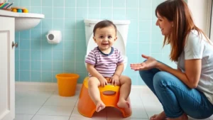 Toddler sitting confidently on colorful child-sized potty chair in bright, cheerful bathroom with parent nearby offering encouragement and praise