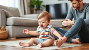 Frustrated toddler sitting on floor during emotional tantrum with calm parent sitting nearby offering comfort and support in living room