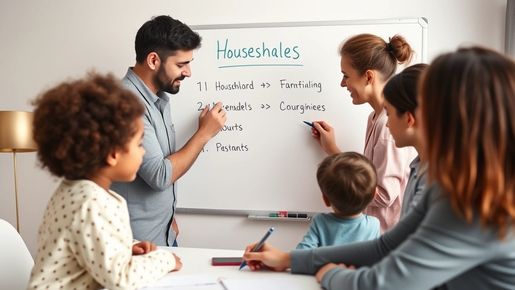 Family setting household rules together, children and parents writing on whiteboard, collaborative atmosphere, diverse family enjoying planning session