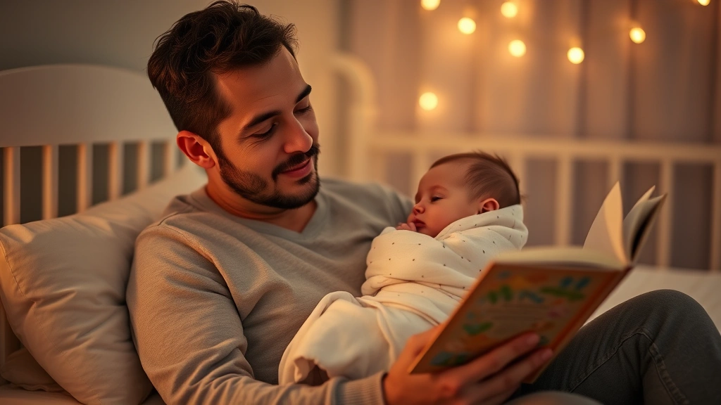 Parent holding infant during calming bedtime routine, soft warm lighting, parent reading storybook, baby wrapped in cozy sleep sack, serene nursery background with dimmed lights