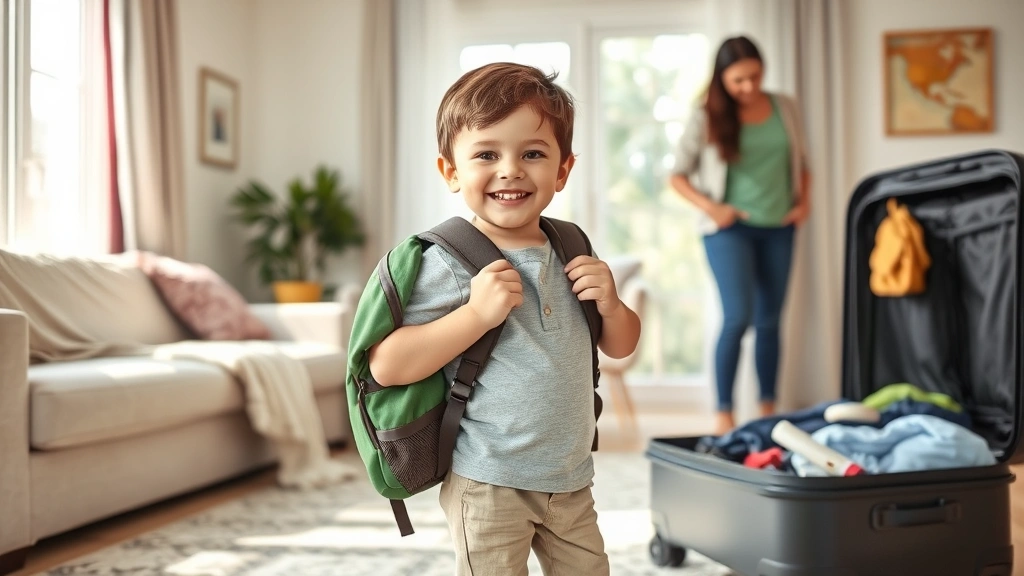 A child happily packing a backpack with belongings, moving between two homes. Sunny living room with open suitcase, showing comfort and security in co-parenting transition. Both parents visible in background supporting the child.