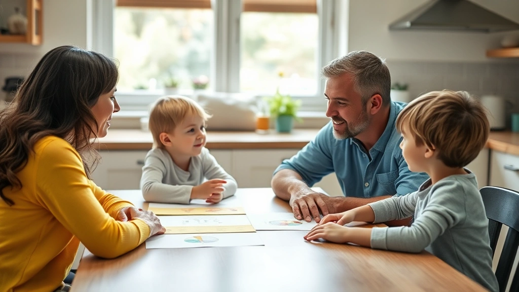 Parent and child problem-solving at kitchen table, looking at each other, positive body language, teaching moment with natural window light