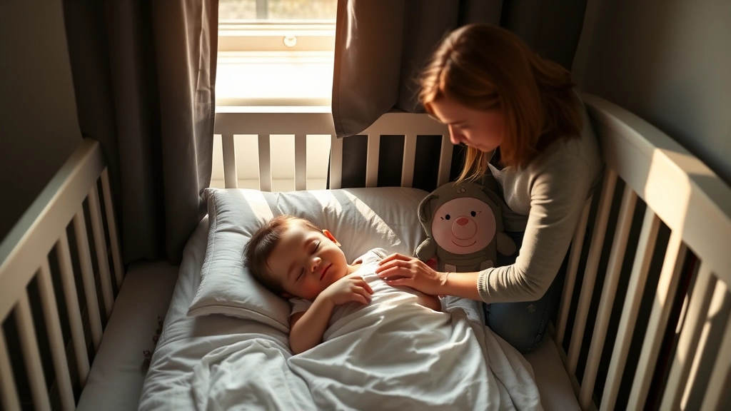 Toddler sleeping peacefully in crib with comfort object, morning sunlight filtering through blackout curtains, safe sleep environment with minimal bedding, parent gently checking on child