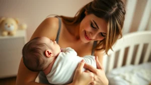 A calm, smiling mother in soft warm lighting gently holding her newborn baby against her chest during skin-to-skin contact, peaceful nursery background with soft colors