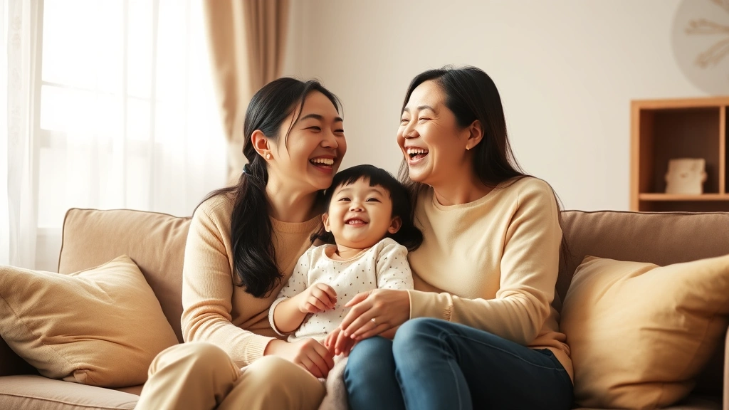 Warm candid moment of Asian mother and young daughter sitting together on couch laughing, natural lighting from window, intimate family connection, photorealistic, genuine joy and closeness