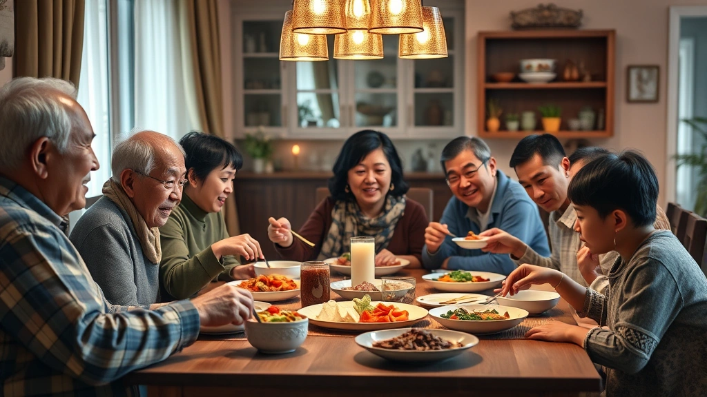 Multi-generational Asian family gathered around dinner table sharing meal, grandparents grandchildren and parents, warm home lighting, togetherness and tradition, photorealistic, emotional connection