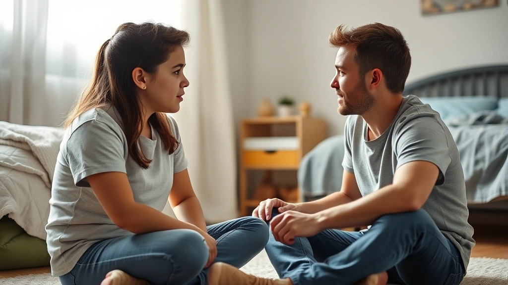 Father and school-age daughter having serious conversation sitting on bedroom floor, father listening attentively to daughter, soft natural light, emotional openness and trust between parent and child